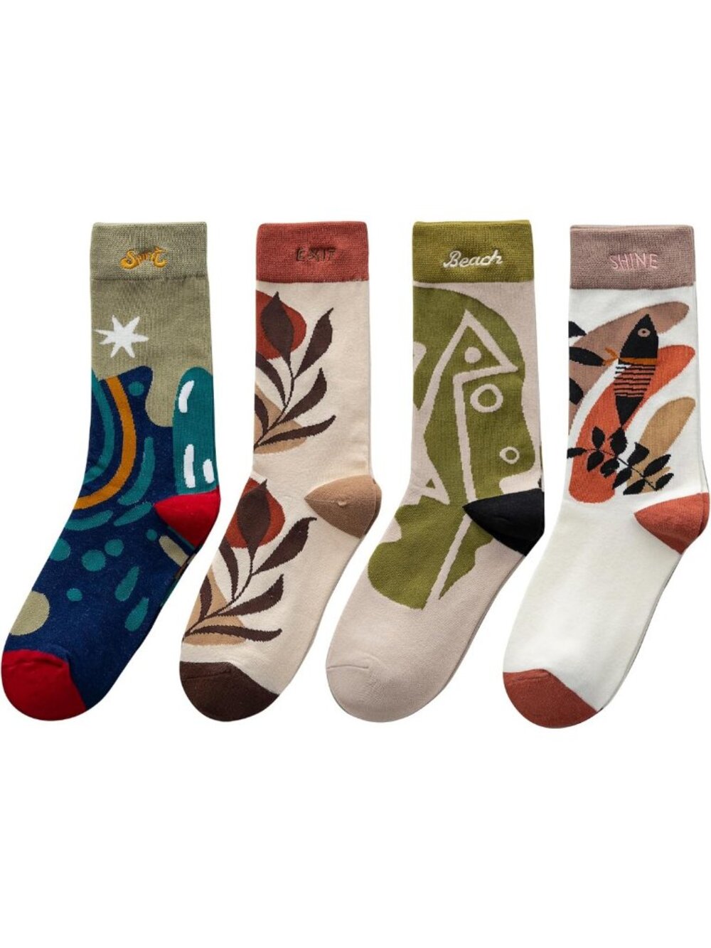 4 Pairs Women's Funny Abstract Art Cotton Crew Socks - Breathable Nature